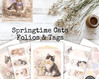 Springtime Cats Junk Journal Pages | Floral Gingham Ephemera Kit (Digital Download)