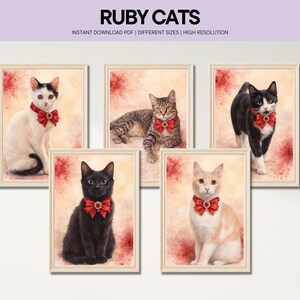 May include: Five framed cat portraits. Each cat wears a red bow tie. The cats are white, black, tabby, and orange. The background has a watercolor effect with red and beige tones. The text "RUBY CATS" is at the top.