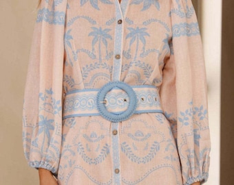 Palm Print Button Down Shirt Dress, Tropical Balloon Sleeve Mini, Belted Resort Wear