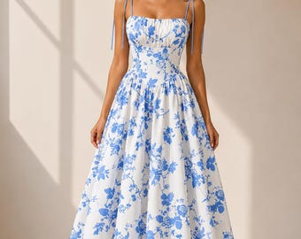 Floral Smocked Midi Dress, Tie Shoulder, High Waist A-Line, Summer Wedding Guest Cottagecore