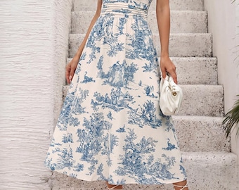 Blue Toile de Jouy Midi Dress | Women's Wrap V-Neck Ruched Dress