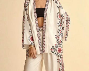 Boho Printed Kimono Cardigan Wide Leg Pants Set | Women's 2-Piece Floral Lounge Outfit