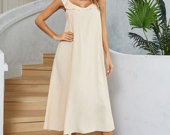 Ruffled V-Neck Midi Dress | Flowy Sleeveless Boho Beach Sundress Beige