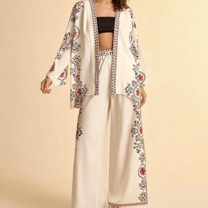 Boho mönstrad kimonokofta med vida byxor | 2-delad blommig loungeoutfit för kvinnor bild 3