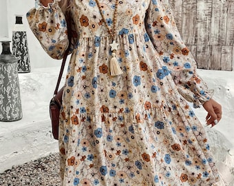 Floral Long Sleeve Tiered Dress | Boho Ruffle Hem Babydoll Dress | Retro Wildflower Print Dress | Casual Fall Floral Dress Women
