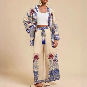 Boho mönstrad kimonokofta med vida byxor | 2-delad blommig loungeoutfit för kvinnor Blue