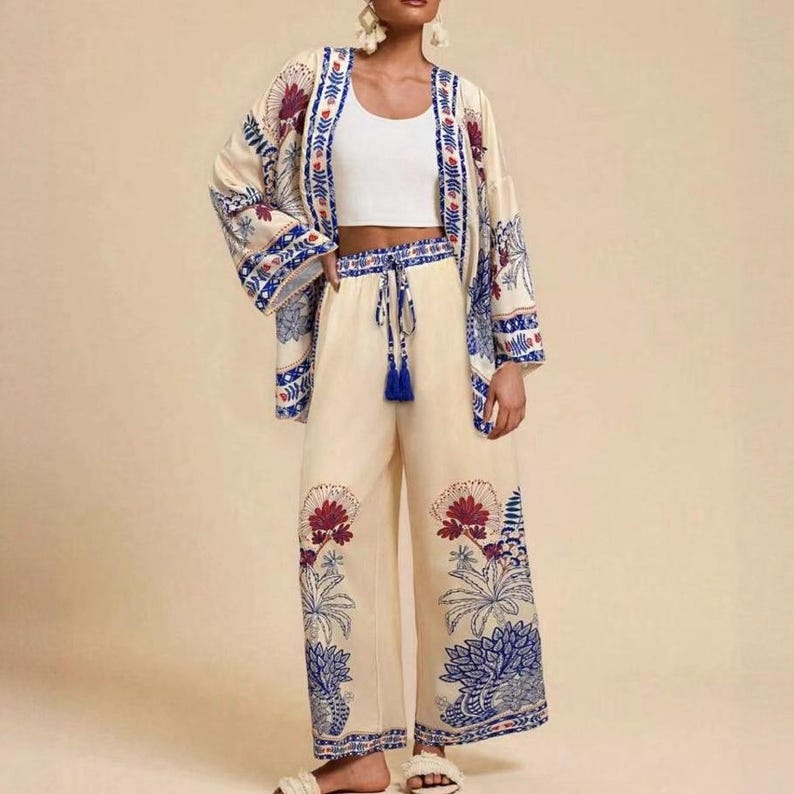 Boho mönstrad kimonokofta med vida byxor | 2-delad blommig loungeoutfit för kvinnor Blue