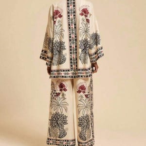 Boho mönstrad kimonokofta med vida byxor | 2-delad blommig loungeoutfit för kvinnor bild 14