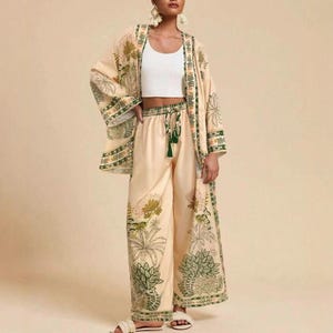 Boho mönstrad kimonokofta med vida byxor | 2-delad blommig loungeoutfit för kvinnor Green