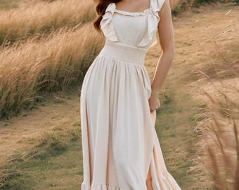 Ruffled Smocked Maxi Dress for Women | Square Neck Boho Dress | Cottagecore Maxi | Summer Garden Party Dress | Bridesmaid Maxi