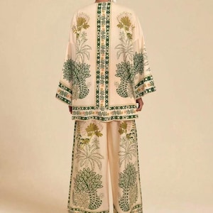 Boho mönstrad kimonokofta med vida byxor | 2-delad blommig loungeoutfit för kvinnor bild 7