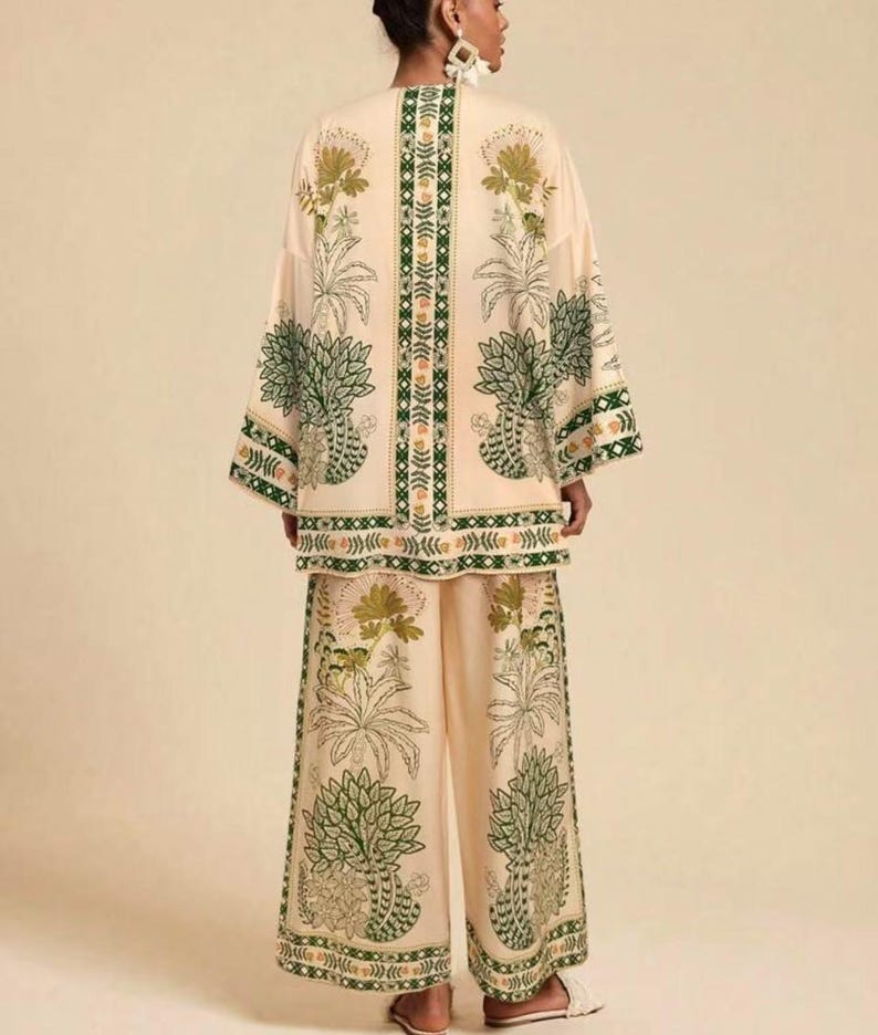 Boho mönstrad kimonokofta med vida byxor | 2-delad blommig loungeoutfit för kvinnor bild 7
