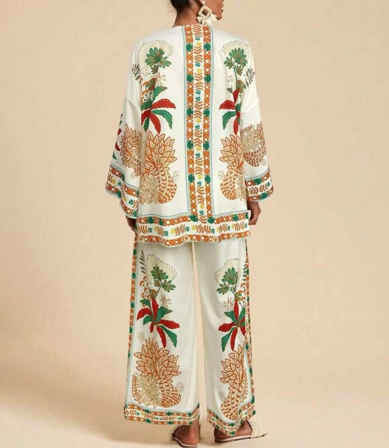 Boho mönstrad kimonokofta med vida byxor | 2-delad blommig loungeoutfit för kvinnor bild 12