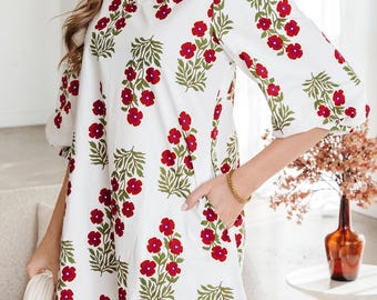 Red Floral Cotton Mini Dress | Casual Swing Dress with Pockets, Boho Style
