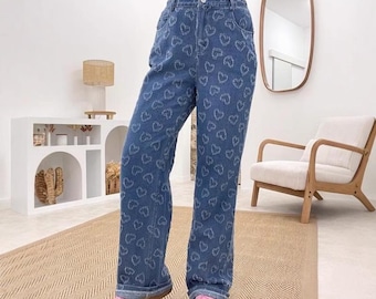 Damskie jeansy z szerokimi nogawkami i wzorem serca | Jeansy streetwear z wysokim stanem