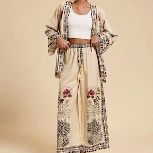 Boho mönstrad kimonokofta med vida byxor | 2-delad blommig loungeoutfit för kvinnor bild 15