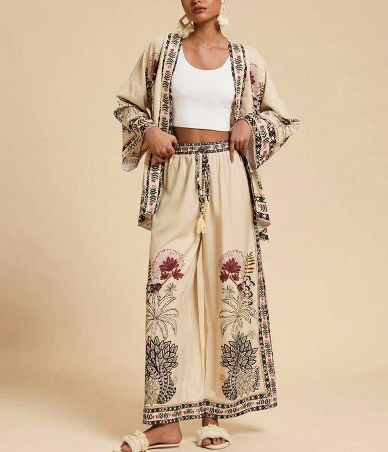 Boho mönstrad kimonokofta med vida byxor | 2-delad blommig loungeoutfit för kvinnor bild 15