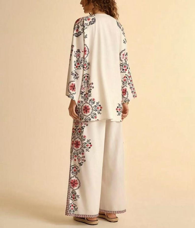Boho mönstrad kimonokofta med vida byxor | 2-delad blommig loungeoutfit för kvinnor bild 2
