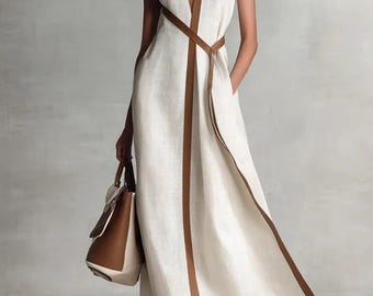 Abito lungo taglie forti / Senza maniche, scollo a V, profili a contrasto, linea ad A, elegante, perfetto per invitate a matrimoni.