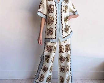 Nautical Print Linen Co-ord Set | Women's 2 Piece Wide Leg Pant Set