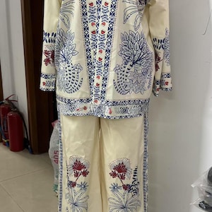 Boho mönstrad kimonokofta med vida byxor | 2-delad blommig loungeoutfit för kvinnor bild 10