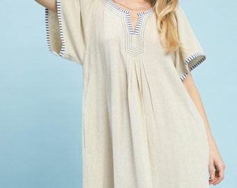 Linen Cotton Tunic Dress | Embroidered Trim, Flutter Sleeve, Pockets (Oatmeal)