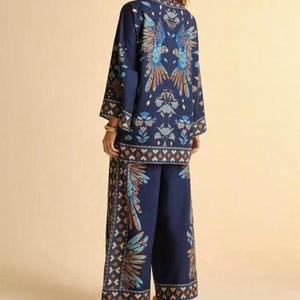 Boho mönstrad kimonokofta med vida byxor | 2-delad blommig loungeoutfit för kvinnor bild 5