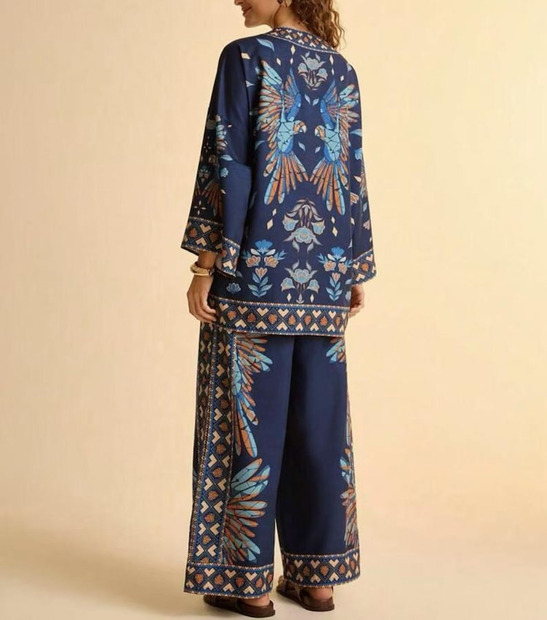 Boho mönstrad kimonokofta med vida byxor | 2-delad blommig loungeoutfit för kvinnor bild 5