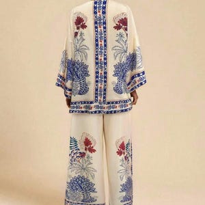 Boho mönstrad kimonokofta med vida byxor | 2-delad blommig loungeoutfit för kvinnor bild 9
