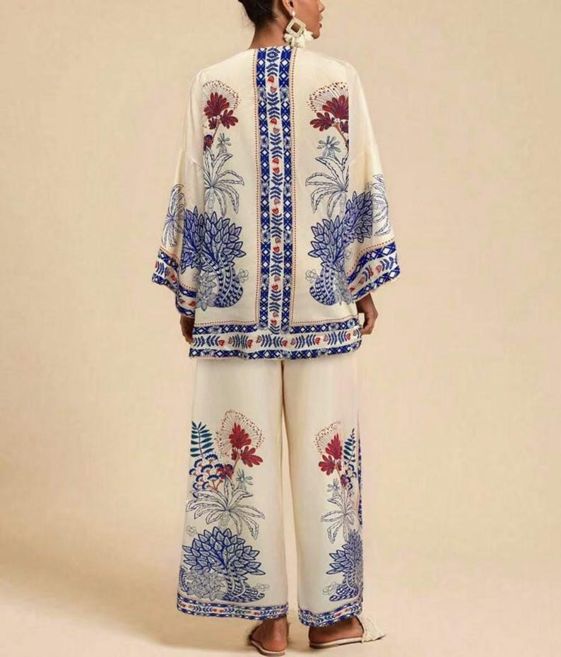 Boho mönstrad kimonokofta med vida byxor | 2-delad blommig loungeoutfit för kvinnor bild 9