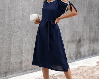Navy Cold Shoulder Midi Dress | Belted A-Line Summer Sundress