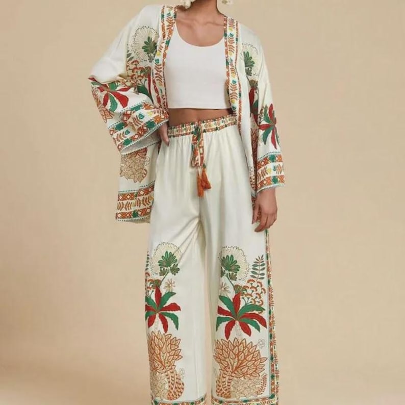 Boho mönstrad kimonokofta med vida byxor | 2-delad blommig loungeoutfit för kvinnor Brick Red