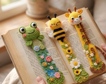 PDF-bundel met gehaakte bladwijzerpatronen met dieren, Frog Bee Giraffe, kawaii-tutorial (digitale download)