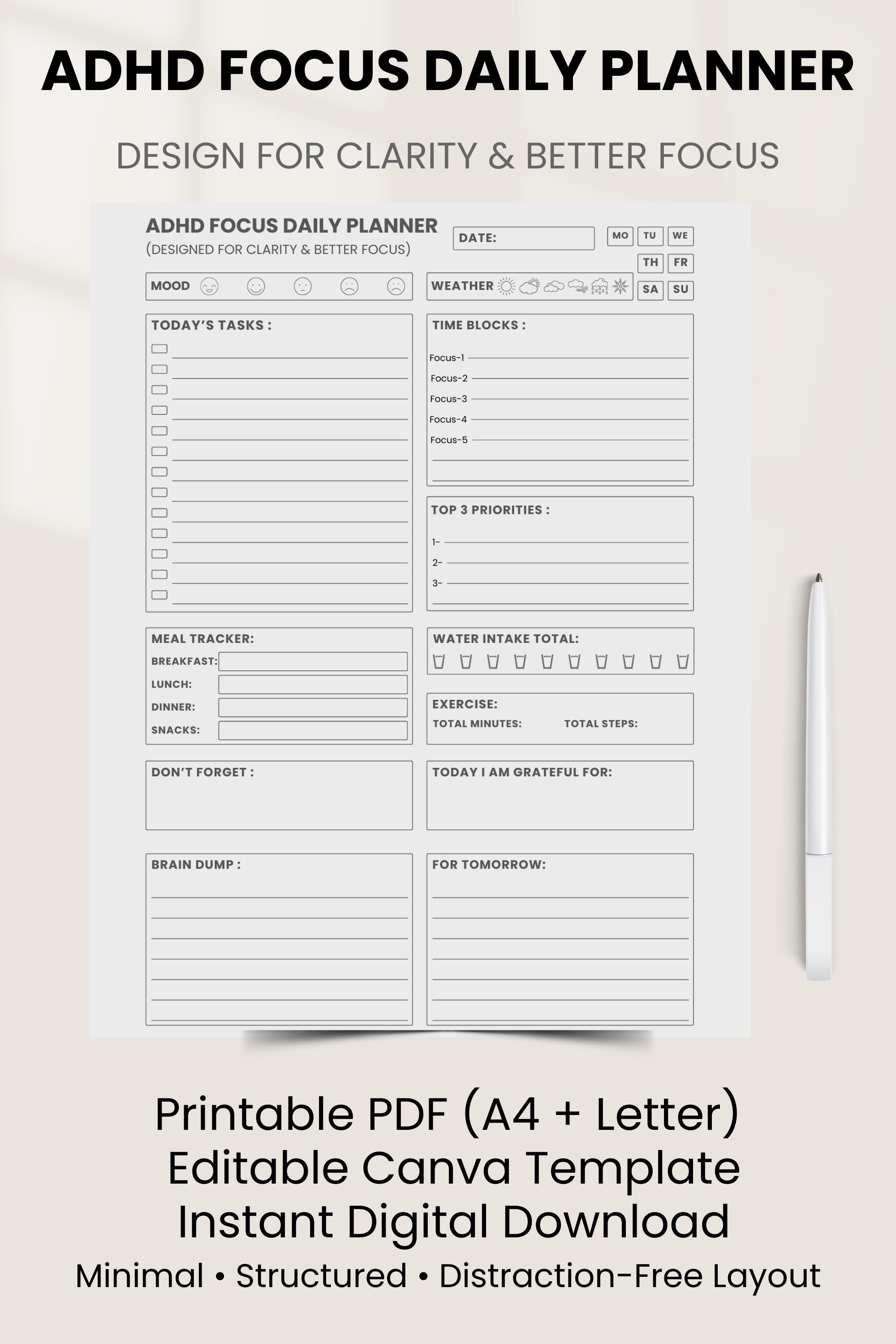 ADHD Focus Daily Planner Printable PDF + Editable Canva Template ...