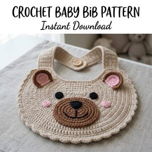 Crochet Baby Bib Pattern, Bear Face Appliqué, Beginner Friendly, Kawaii Design (PDF Download)