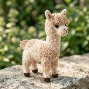 May include: A handmade crochet alpaca figurine in shades of beige and brown. The alpaca has a fluffy body, small ears, and a fringe of hair. The alpaca is standing on a rock, with a blurred green background.