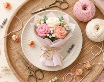 Mini gehaakt bloemboeketpatroon, realistische rozen, amigurumi-zelfstudie voor beginners (pdf-download)
