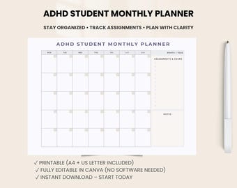 Maandplanner voor ADHD-studenten | Opdrachtexamentracker (digitale download)