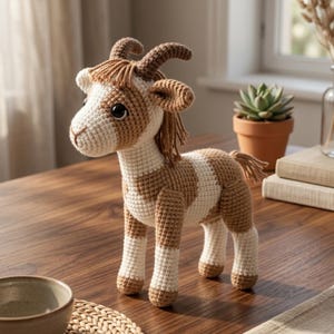 May include: A cream and brown crochet goat figure. The goat has a white face, neck, and legs, with brown stripes on its body, ears, and horns. It is displayed on a wooden surface.