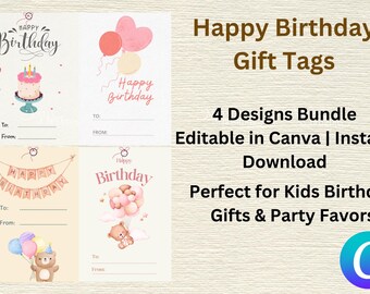 Cadeaukaartjes voor gelukkige verjaardag - bewerkbare afdrukbare canva - 4 ontwerpenbundel - direct downloaden.