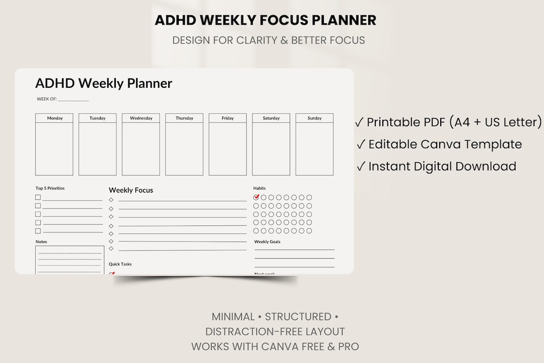 Editable ADHD Weekly Planner | Instant PDF + Canva Template | A4 & US ...
