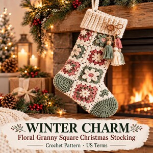 Christmas Stocking Crochet Pattern PDF – Floral Granny Square Patchwork, Ribbed Cuff & Tassels
