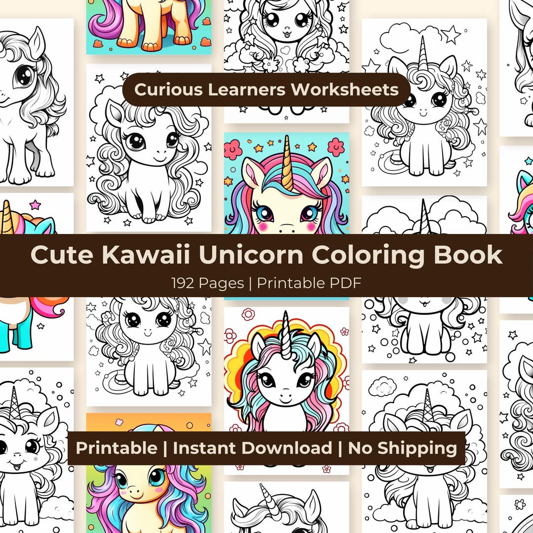 Cute Kawaii Unicorn Coloring Book, 192 Pages Printable Coloring Pages ...