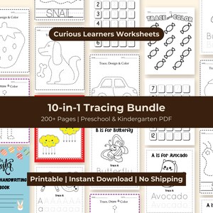 May include: A collection of printable preschool and kindergarten worksheets. The worksheets include tracing activities, coloring pages, and handwriting practice. The bundle is labeled "10-in-1 Tracing Bundle" and includes the text "Printable | Instant Download | No Shipping".