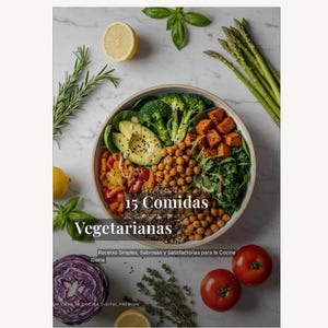 May include: A digital recipe book titled "15 Vegetarian Meals" with a bowl of colorful vegetables and text in Spanish. The book includes 15 recipes, with a 30-minute average cooking time, and serves 2 portions. The image also includes fresh ingredients.