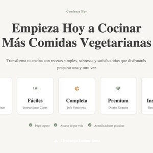 May include: A webpage promoting vegetarian recipes. The headline reads "Start Cooking More Vegetarian Meals Today." Features include 15 complete recipes, easy instructions, complete nutritional info, premium design, and instant download.