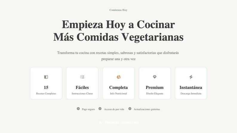 May include: A webpage promoting vegetarian recipes. The headline reads "Start Cooking More Vegetarian Meals Today." Features include 15 complete recipes, easy instructions, complete nutritional info, premium design, and instant download.