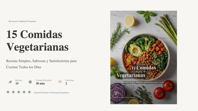 May include: A digital recipe book titled "15 Vegetarian Meals" with a bowl of colorful vegetables and text in Spanish. The book includes 15 recipes, with a 30-minute average cooking time, and serves 2 portions. The image also includes fresh ingredients.