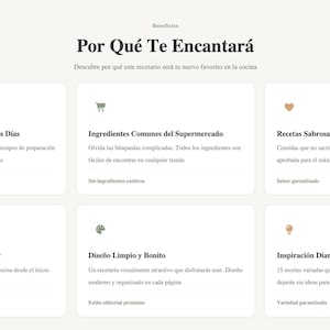 May include: A webpage layout with the title "Por Qu&eacute; Te Encantar&aacute;" in Spanish, meaning "Why You'll Love It." The page features six white boxes with text and icons, detailing the benefits of a cookbook, including easy recipes and visual design.