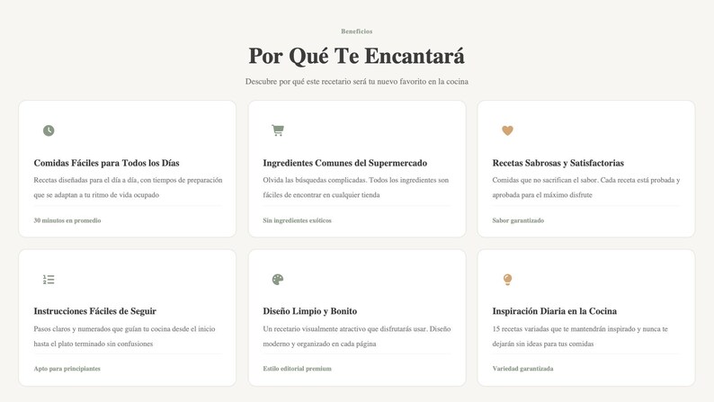 May include: A webpage layout with the title "Por Qu&eacute; Te Encantar&aacute;" in Spanish, meaning "Why You'll Love It." The page features six white boxes with text and icons, detailing the benefits of a cookbook, including easy recipes and visual design.